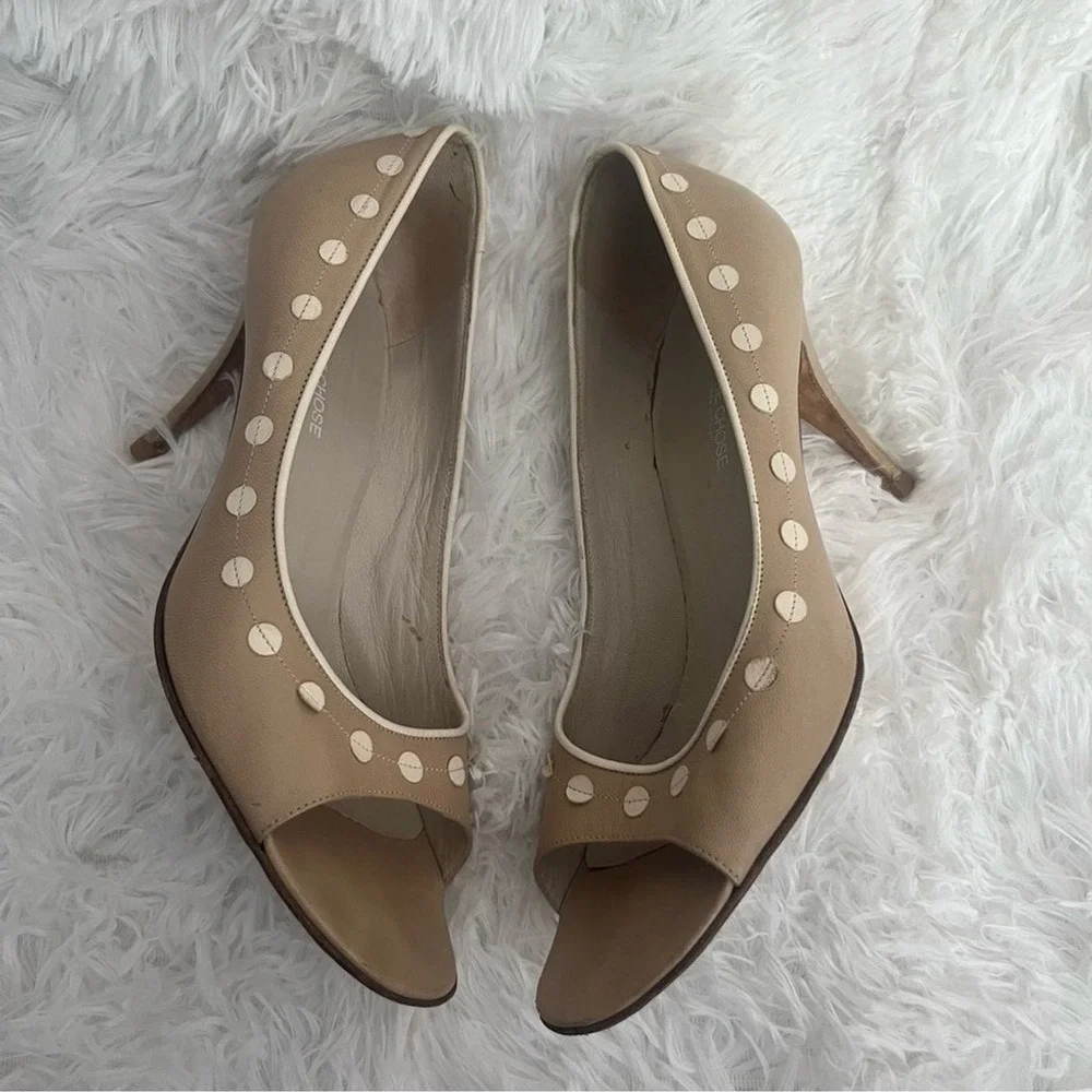 L'Autre Chose Tan Leather Peep Toe Polka Dot Studded Heels Pumps US 7.5‎ 37.5